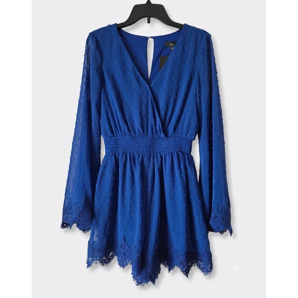 NWT Lulus Royal Blue Swiss Dot Romper Long Bell Sleeve Crochet Lace Trim XS